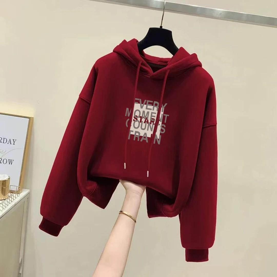 设计感小众秋冬新款2025加绒加厚连帽短款卫衣女宽松百搭韩版上衣