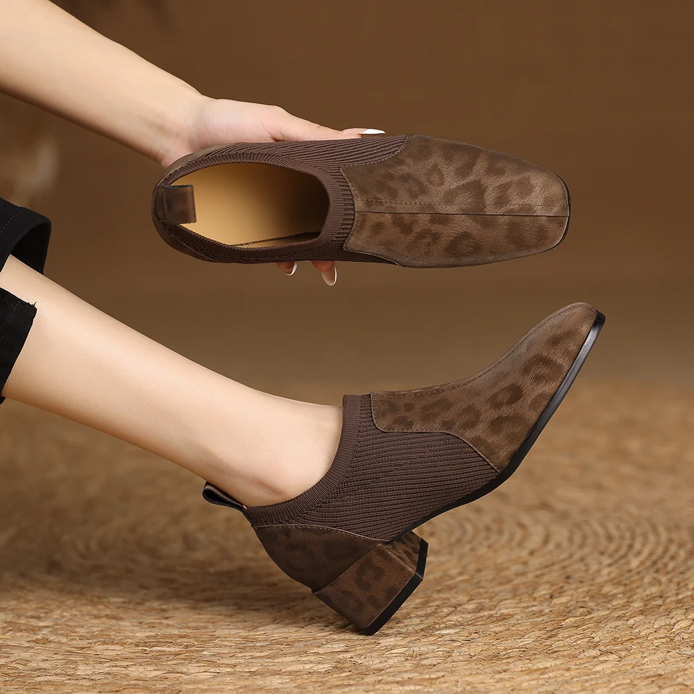 头层牛皮手工鞋/4CM中跟时尚豹纹显瘦小皮鞋春秋百搭单鞋女潮M698