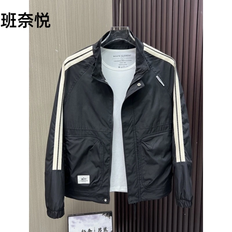 春秋季新款条纹拼色立领工装外套男士潮流休闲百搭修身飞行员夹克
