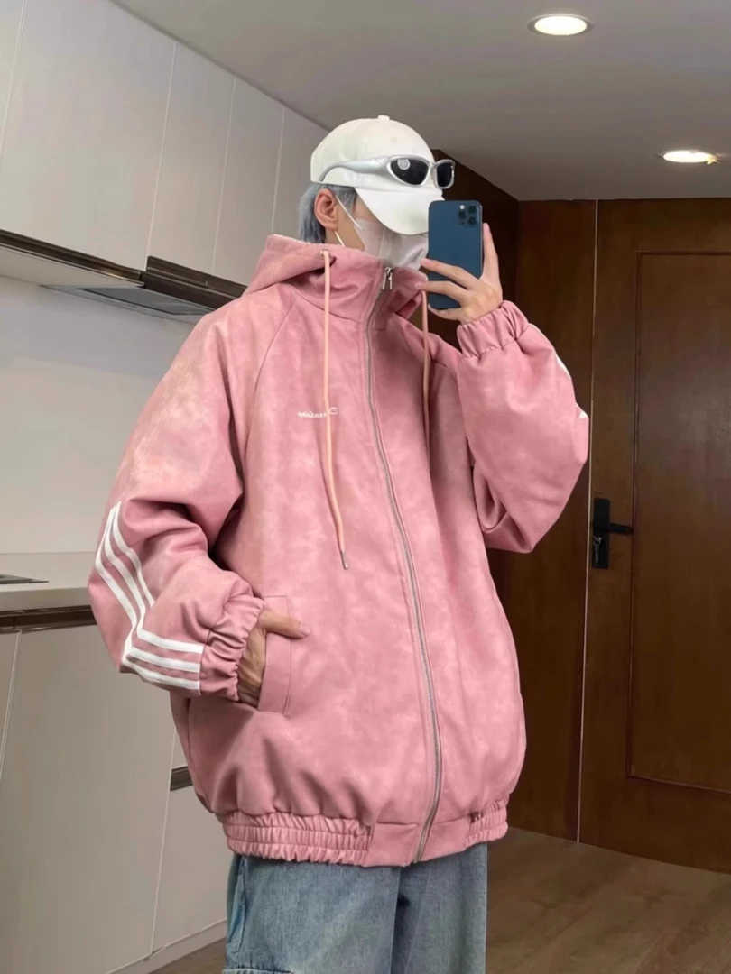 2025潮流连帽棉服男款冬季皮毛一体羊羔绒外套情侣复古棉袄保暖