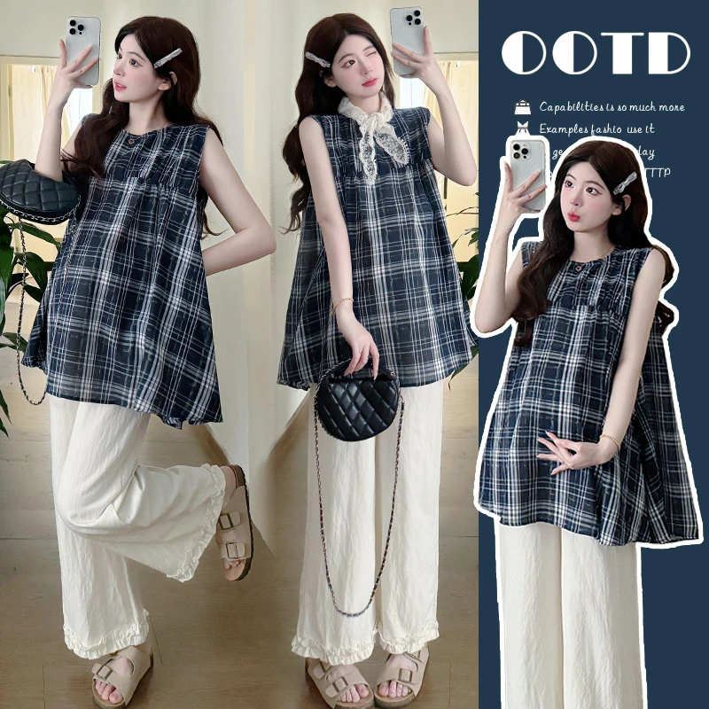 孕妇装2025夏季新款无袖慵懒风宽松格子中长款上衣休闲显瘦衬衫