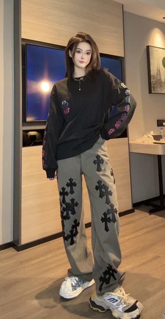 【钱老板】美式高街水洗十字架拼皮牛仔直筒裤EP3315