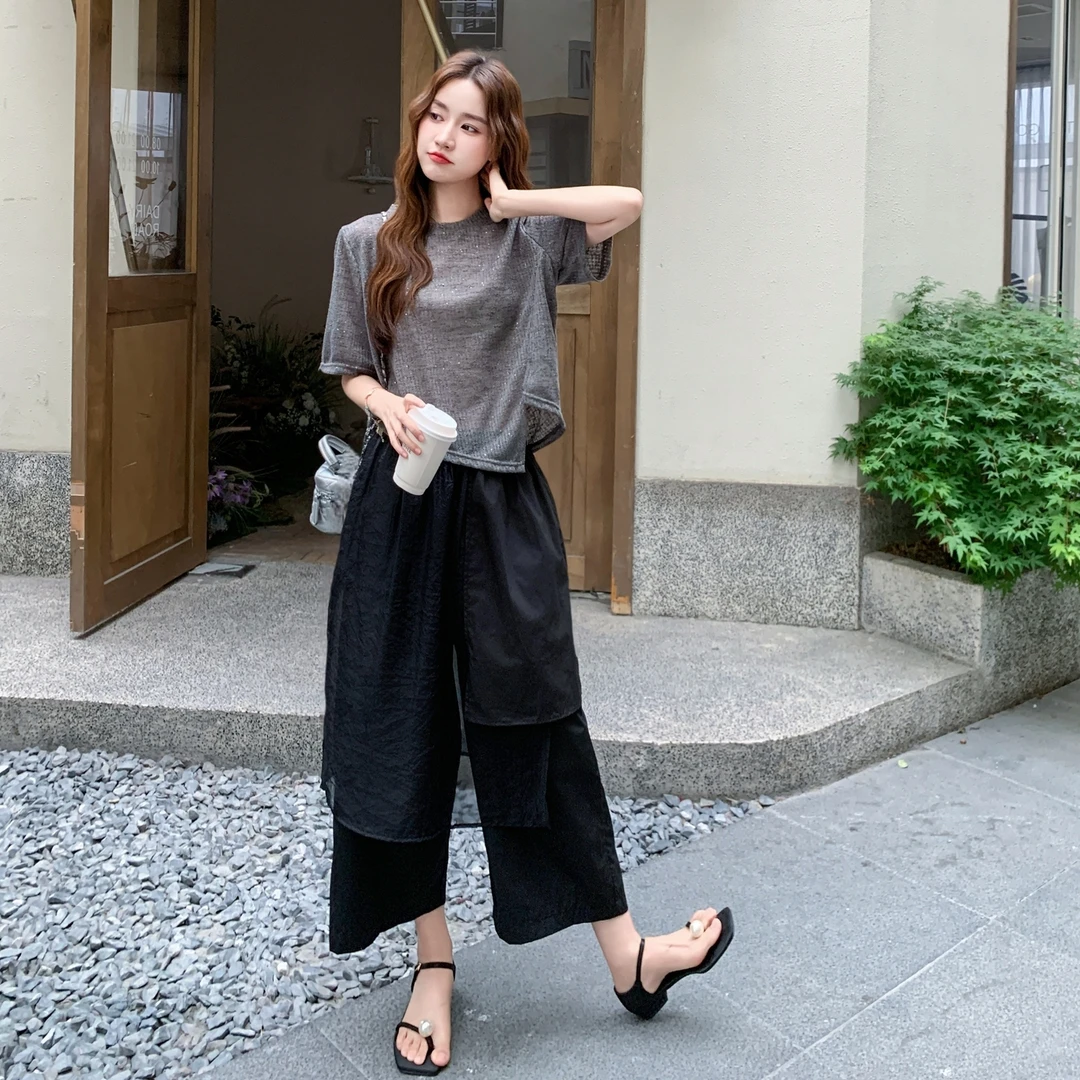 慵懒风T恤阔腿裙裤套装女2025夏季新款时尚显瘦洋气宽松两件套