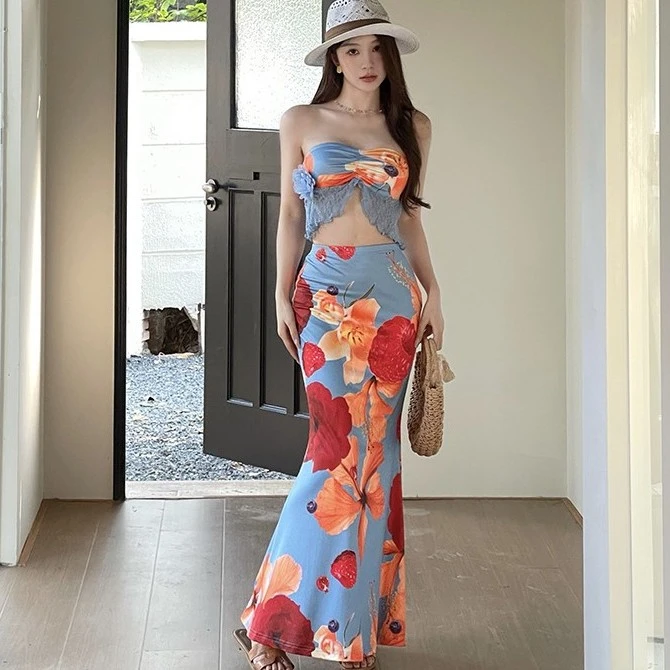 性感气质抹胸开叉上衣高腰印花半身裙长裙辣妹度假风夏季套装