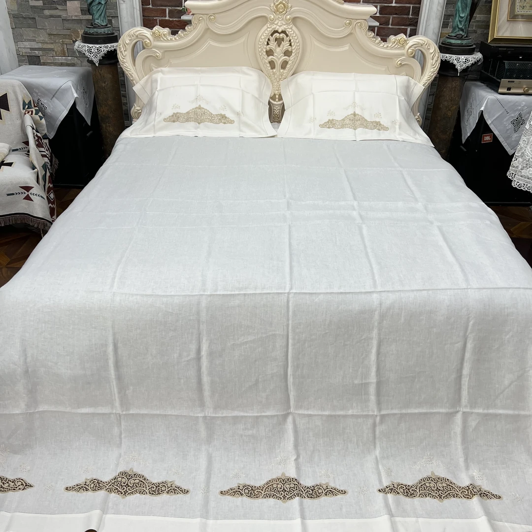 3560纯亚麻手工青州府花边床单三件套