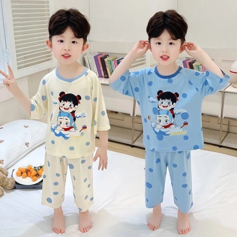 儿童冰丝睡衣宝宝七分裤家居服薄款夏季空调服哪吒儿童睡衣套新款