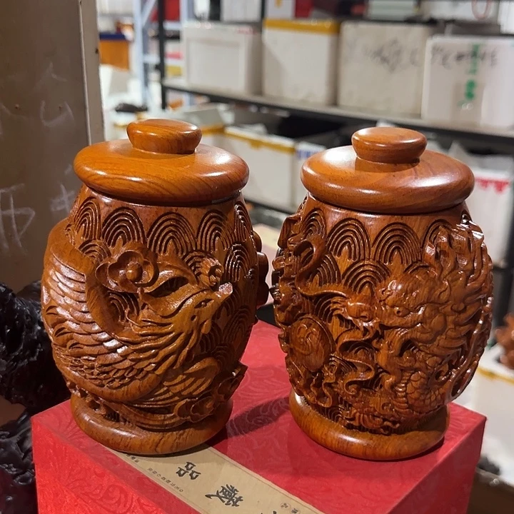 木花梨木16龙凤罐一对
