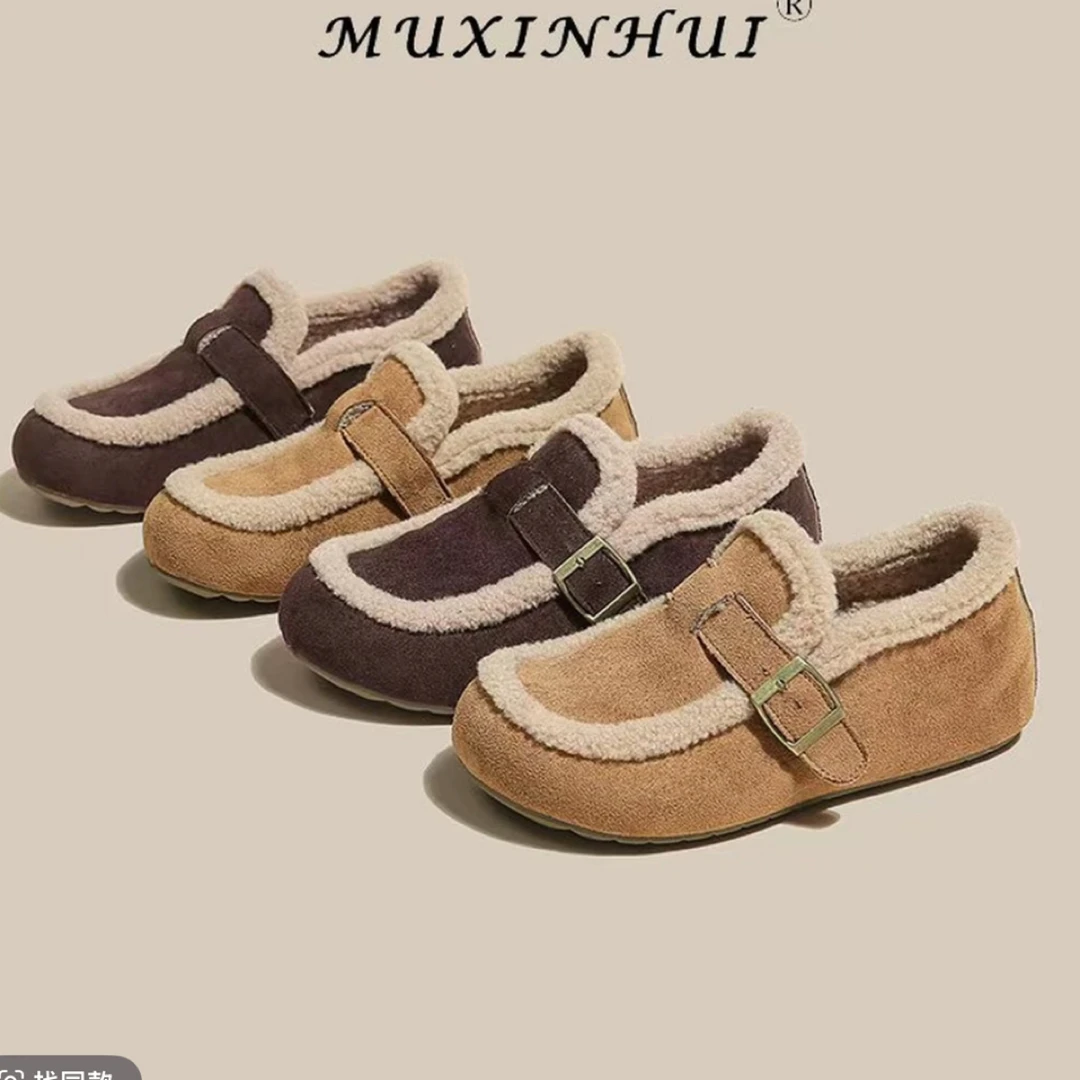 【品牌】女款软底勃肯鞋复古加绒乐福鞋秋冬季一脚蹬保暖棉鞋853-7