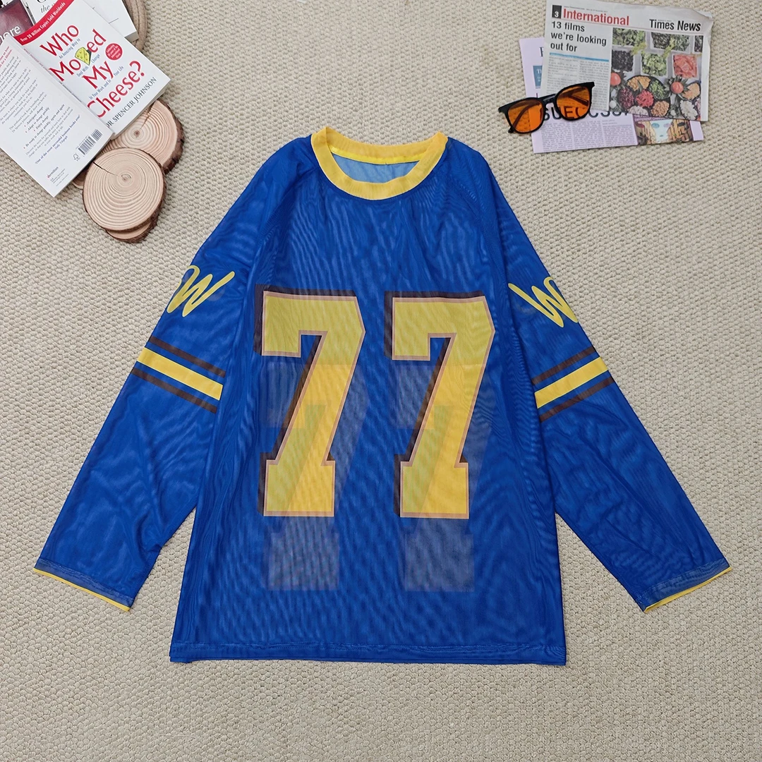 2025夏季新款宽松数字印花网纱镂空网眼防晒长袖T恤2579