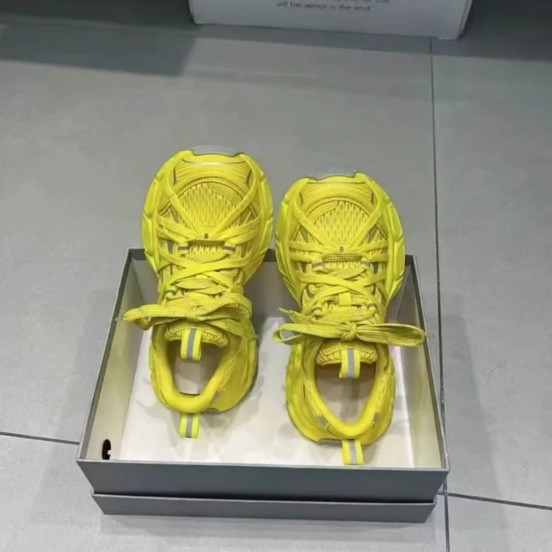 黄色巴黎绑带厚底老爹鞋2025春夏新款网面透气增高时尚运动休闲女