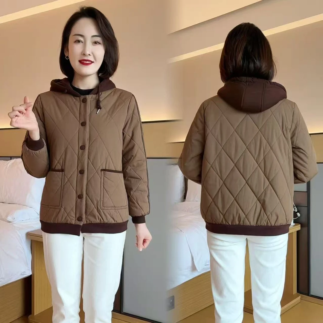 时尚加棉加厚冬季小个子妈妈休闲短外套X纯色保暖连帽中老年棉服