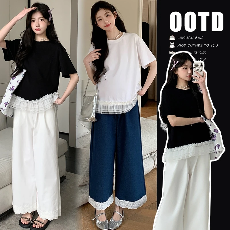 孕妇夏装套装时尚韩版拼接短袖T恤+洗水棉阔腿裤两件套孕妇装