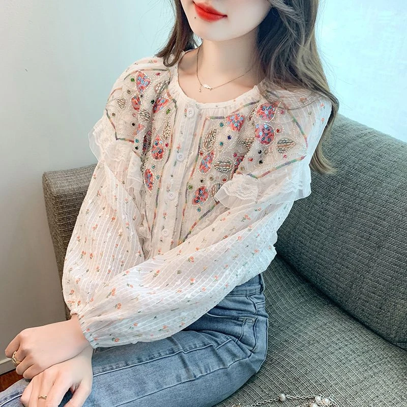 法式小众重工彩钻亮片衬衫女秋季2025新款宽松衬衣刺绣复古上衣潮