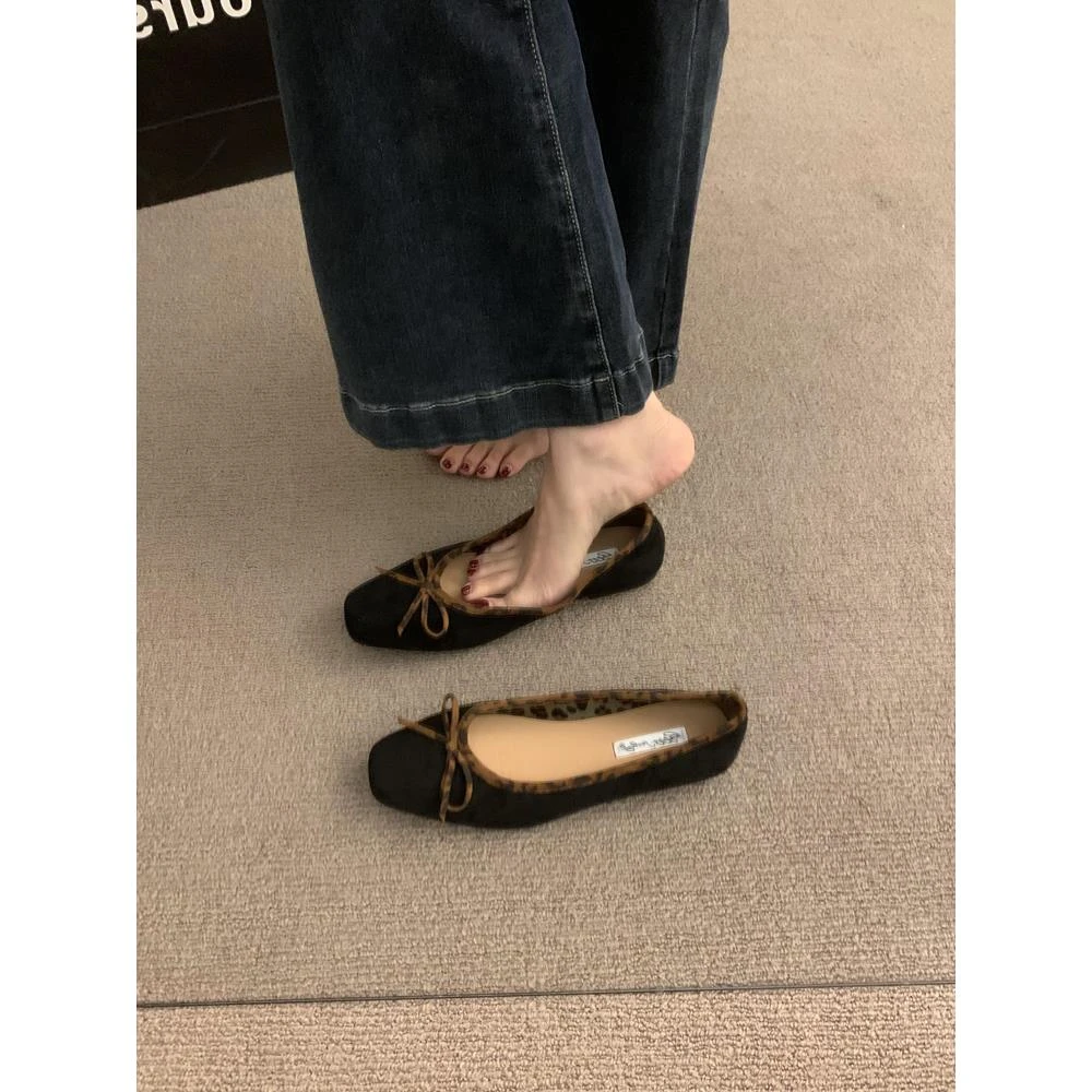 法式低跟复古绒面芭蕾舞单鞋女鞋子春秋2025年新款蝴蝶结浅口瓢鞋