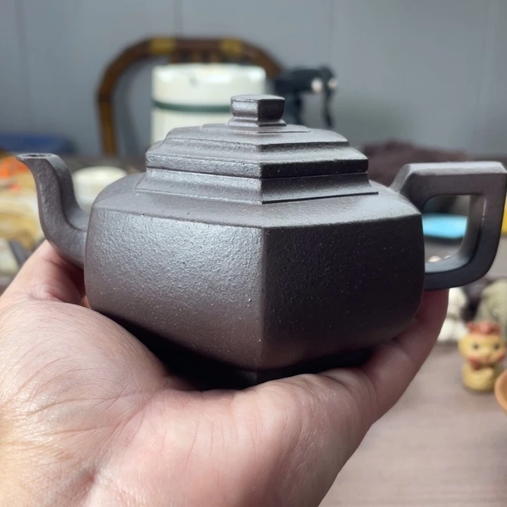 茶壶紫砂六方雪华，手磨料（天青）