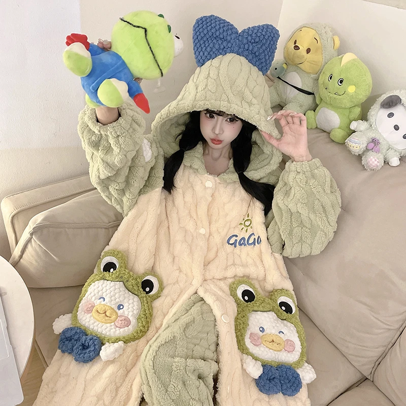 运补【大眼蛙】睡袍新款冬季加绒秋冬冬天保暖甜美少女睡衣家居服