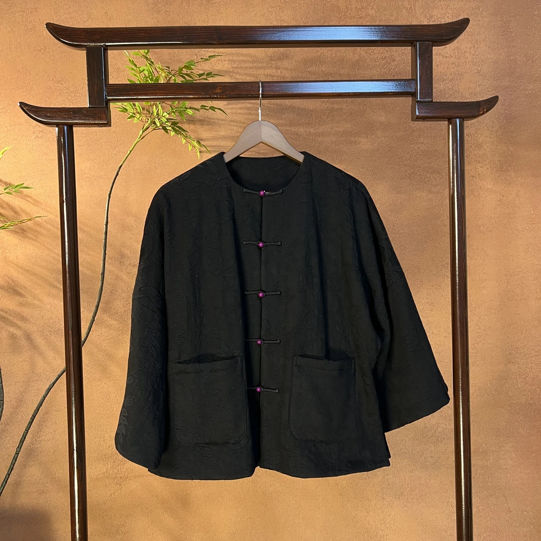 福熹『墨禅』新中式国风女浮雕提花圆领对襟中国风秋冬棉服上衣ins