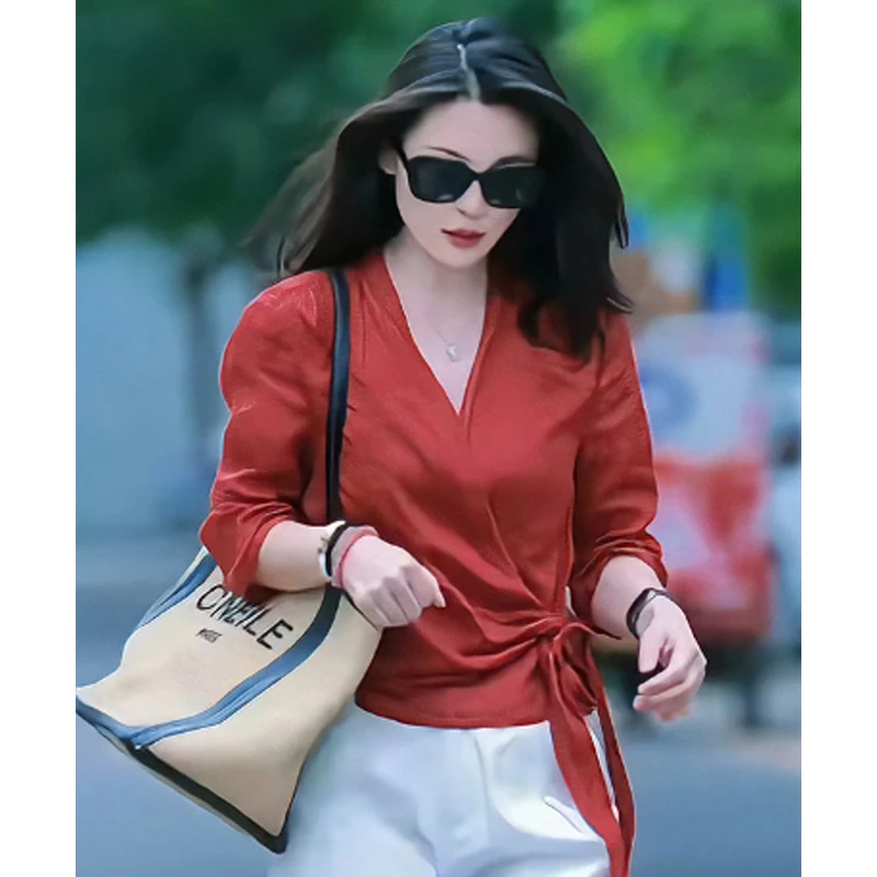 高端苎麻v领衬衫女2025秋季新款时尚高级感气质衬衣绑带薄款上衣