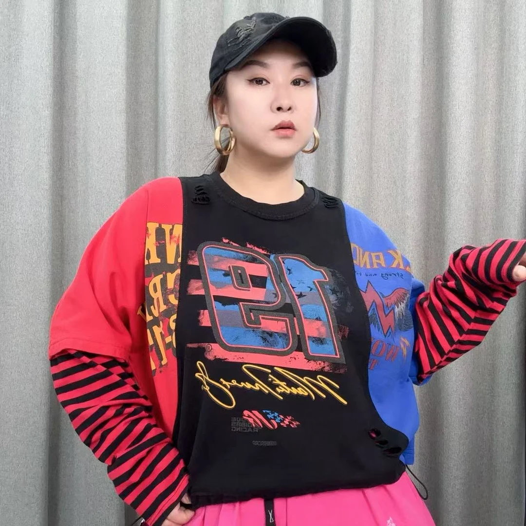 6562春季新款欧货时尚百搭气质潮流拼色拼色条纹圆领破洞印花卫衣