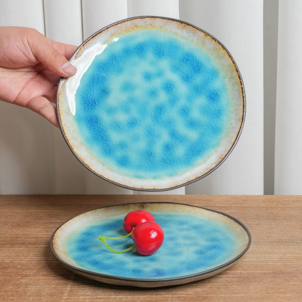 【正品】小盘釉下彩陶瓷盘子家用窑变蓝冰裂纹高颜值家用餐盘K6D/XP