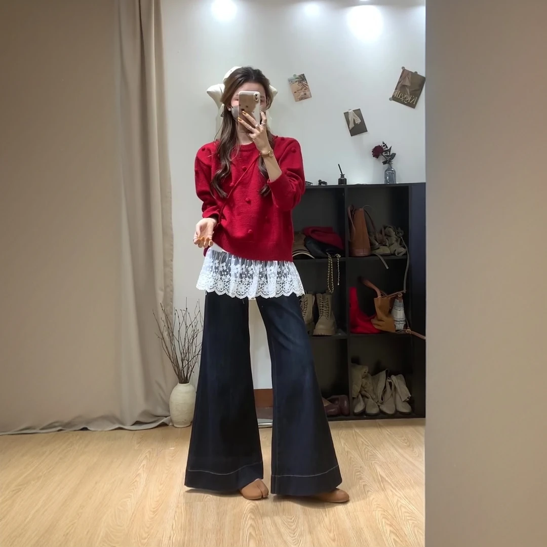 MARIE.COCO韩系高级感红色气质上衣女秋冬小众时尚牛仔裤三件套装