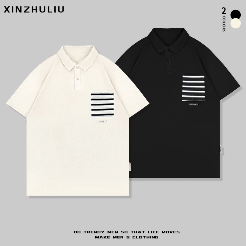 【数夏季条纹口袋休闲Polo衫短袖】休闲宽松翻领短袖25151