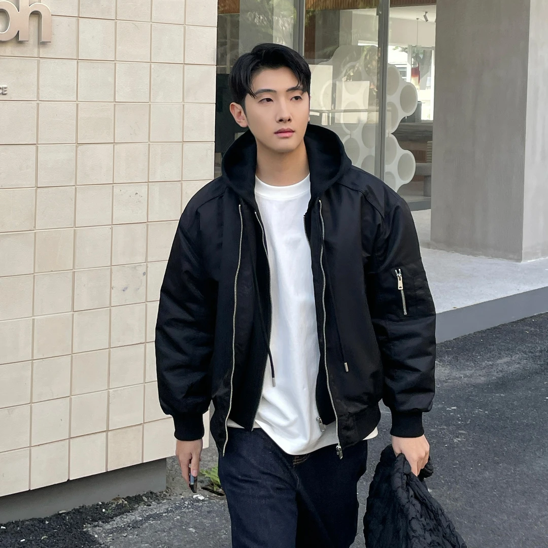 韩国男装 缎面假两件飞行服夹克棉衣 韩系宽松休闲加厚夹棉外套