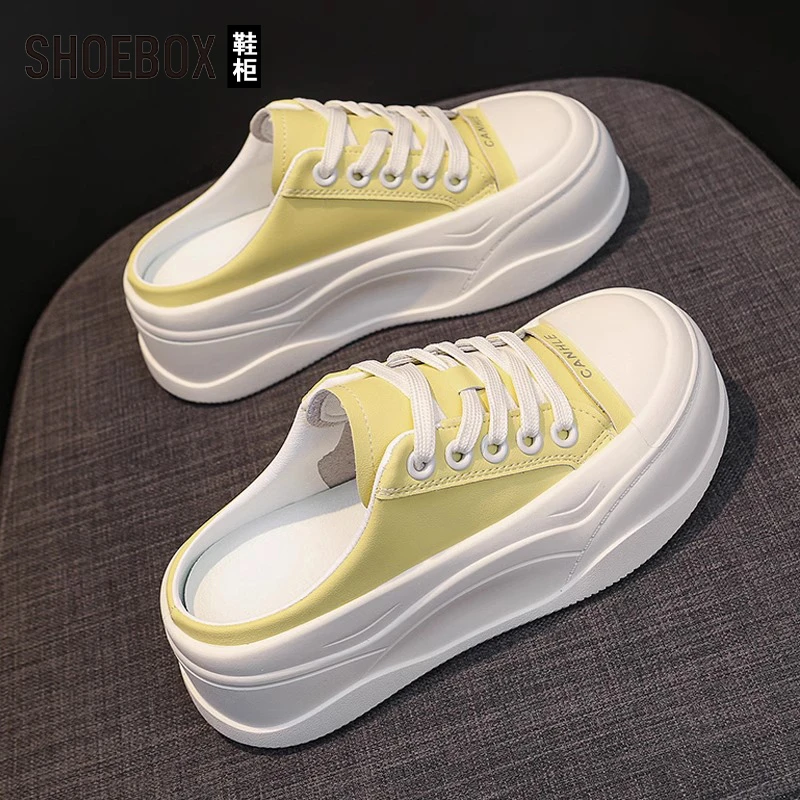 SHOEBOX鞋柜包头半拖鞋女款2025新款夏季厚底增高一脚蹬小白鞋