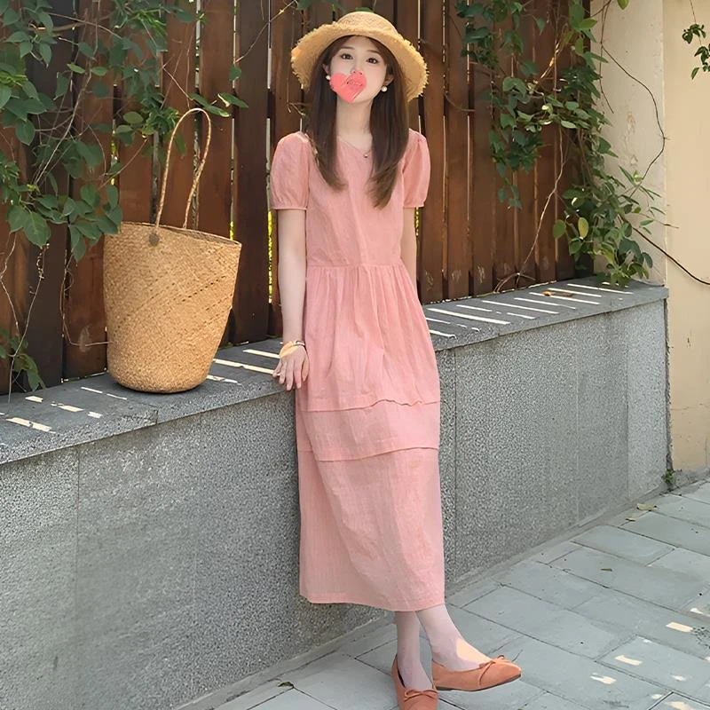 FUGI 小个子粉色短袖连衣裙夏小众设计感格子裙气质休闲法式长裙