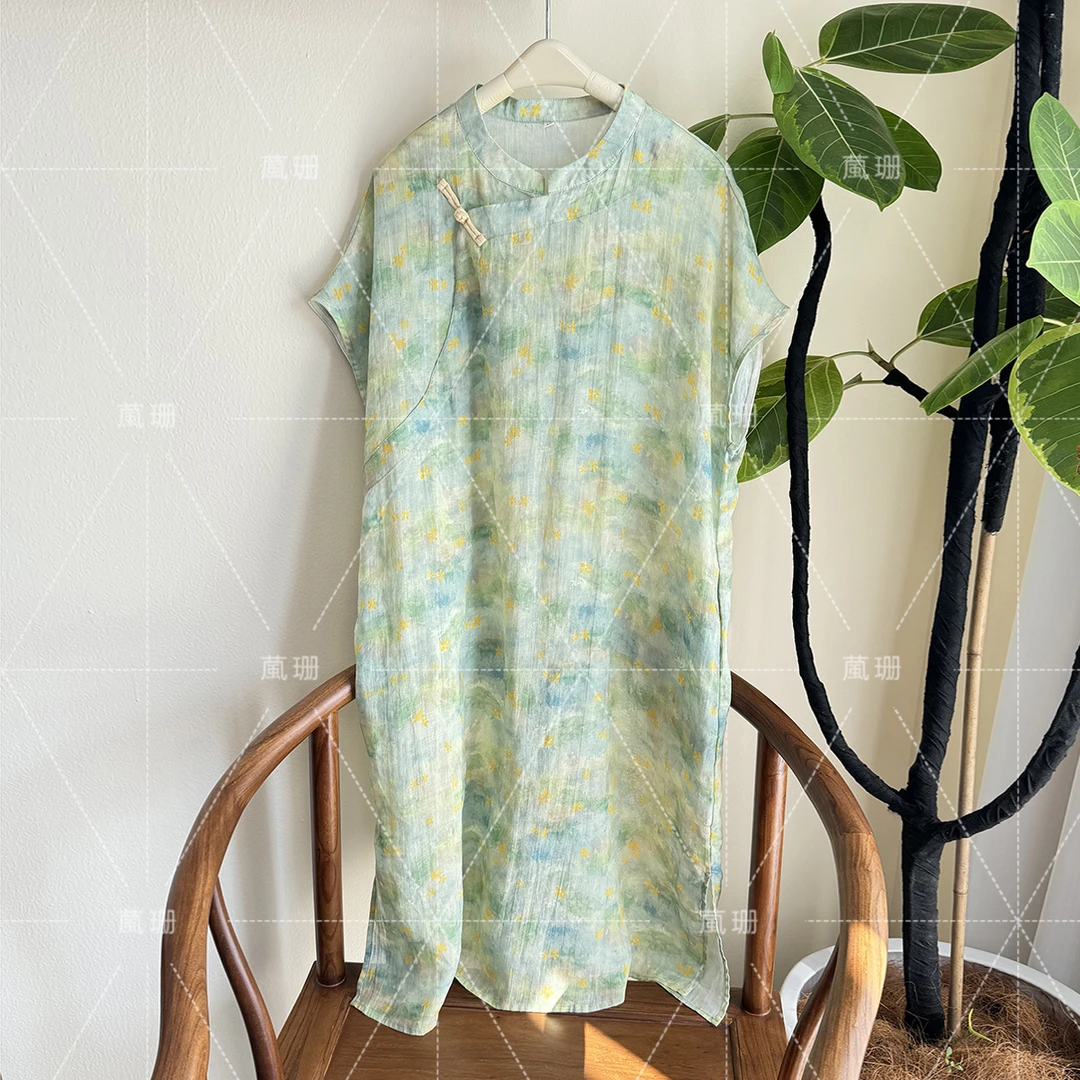 【仲夏】原创设计新中式夏季苎麻禅意月亮袖小衫连衣裙52387