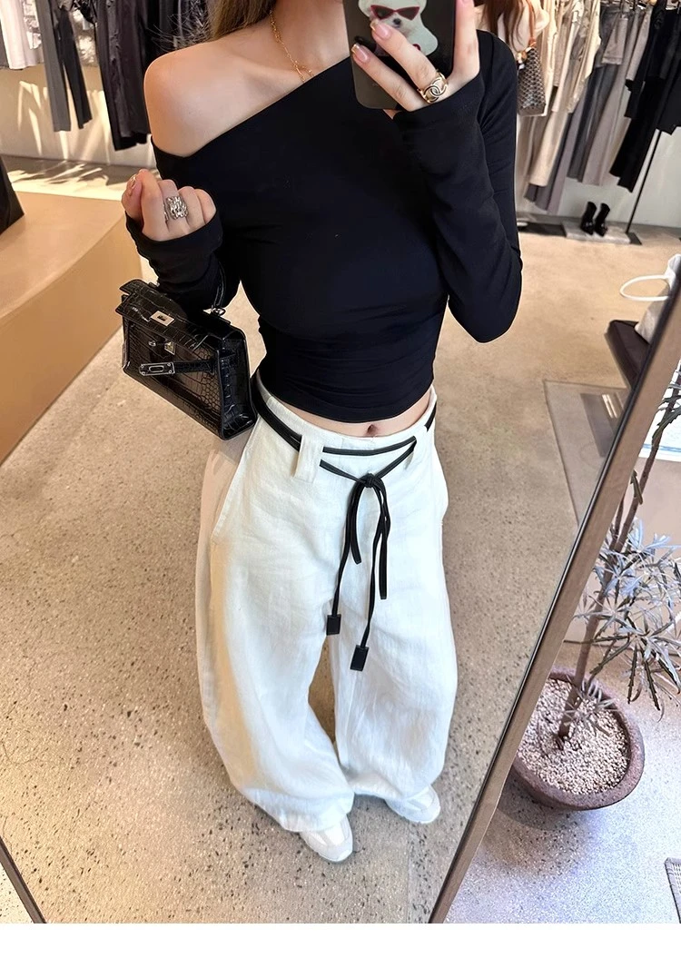25年新款极简老钱风白色亚麻裤直筒宽松休闲裤高级百搭阔腿裤