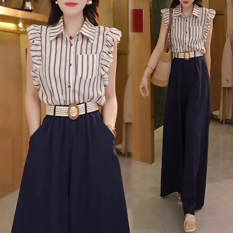 拉夏贝尔时尚套装女夏季新款洋气质显瘦条纹无袖衬衫阔腿裤两件套