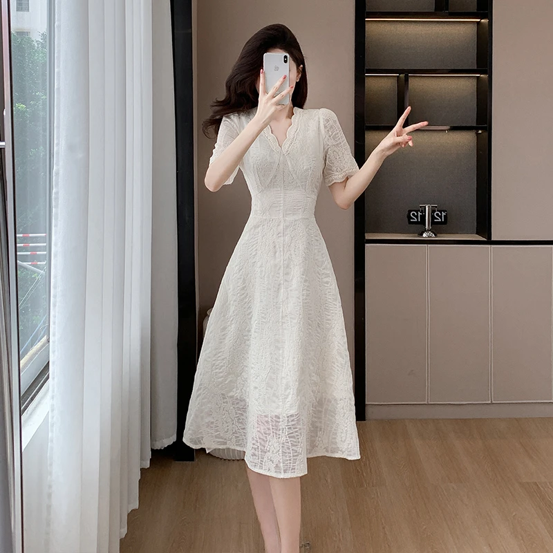 小黑裙拉链夏季法式小香风感超好看气质v领裙子别致绝美白色蕾丝