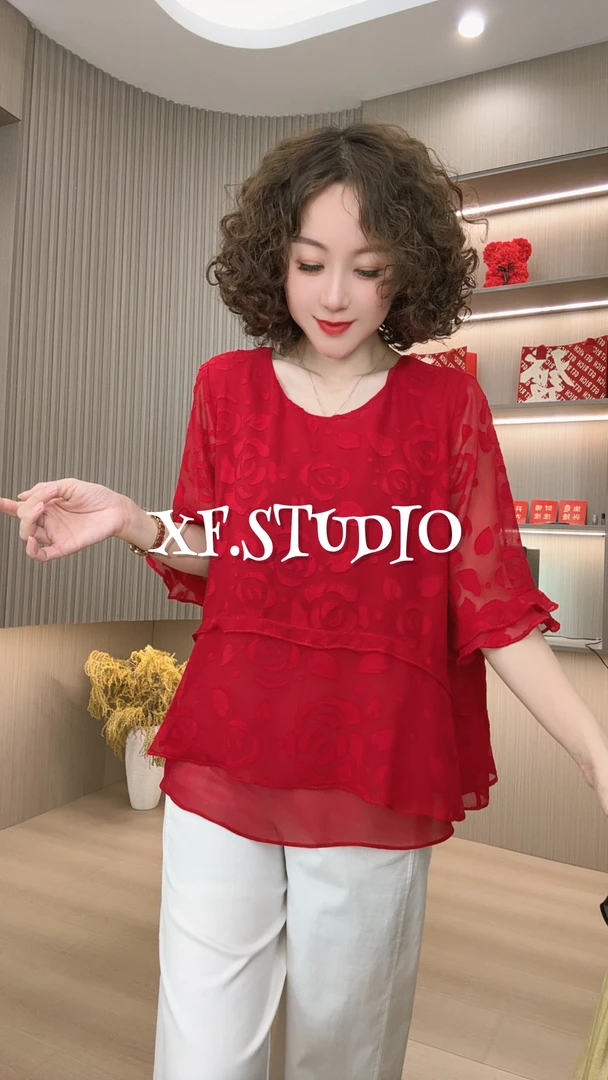 ［小凤定制］韩版时尚遮肉后开衩玫瑰花上衣