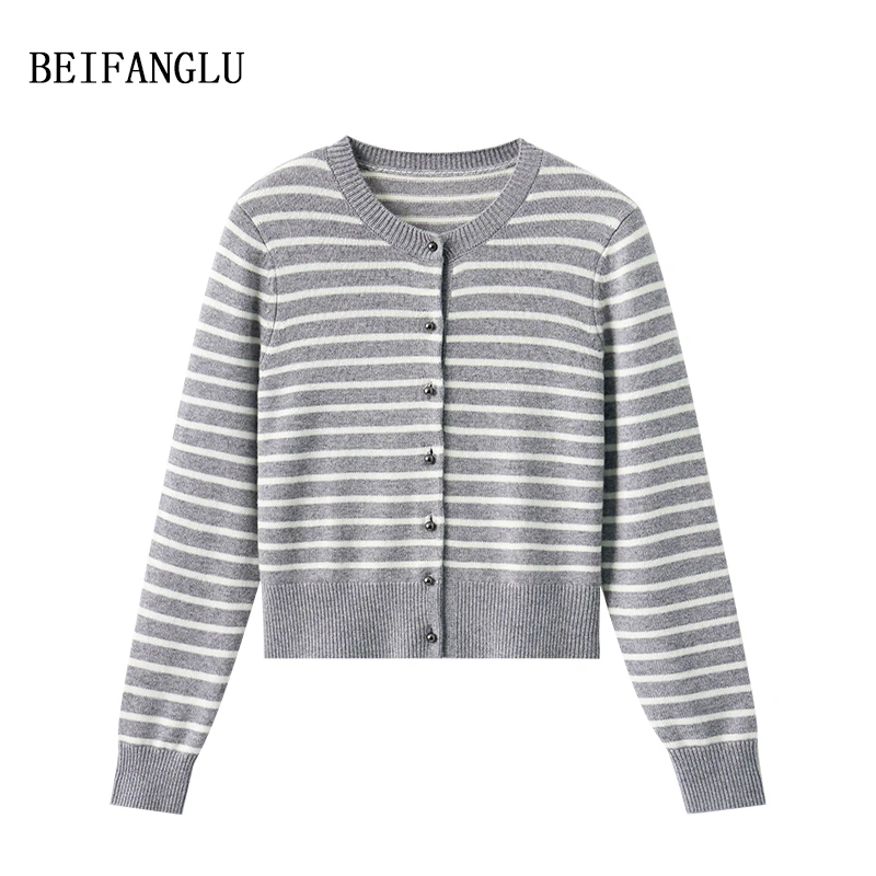 北方鹿 经典法式条纹开衫100绵羊毛圆领百搭针织开衫外套女251011