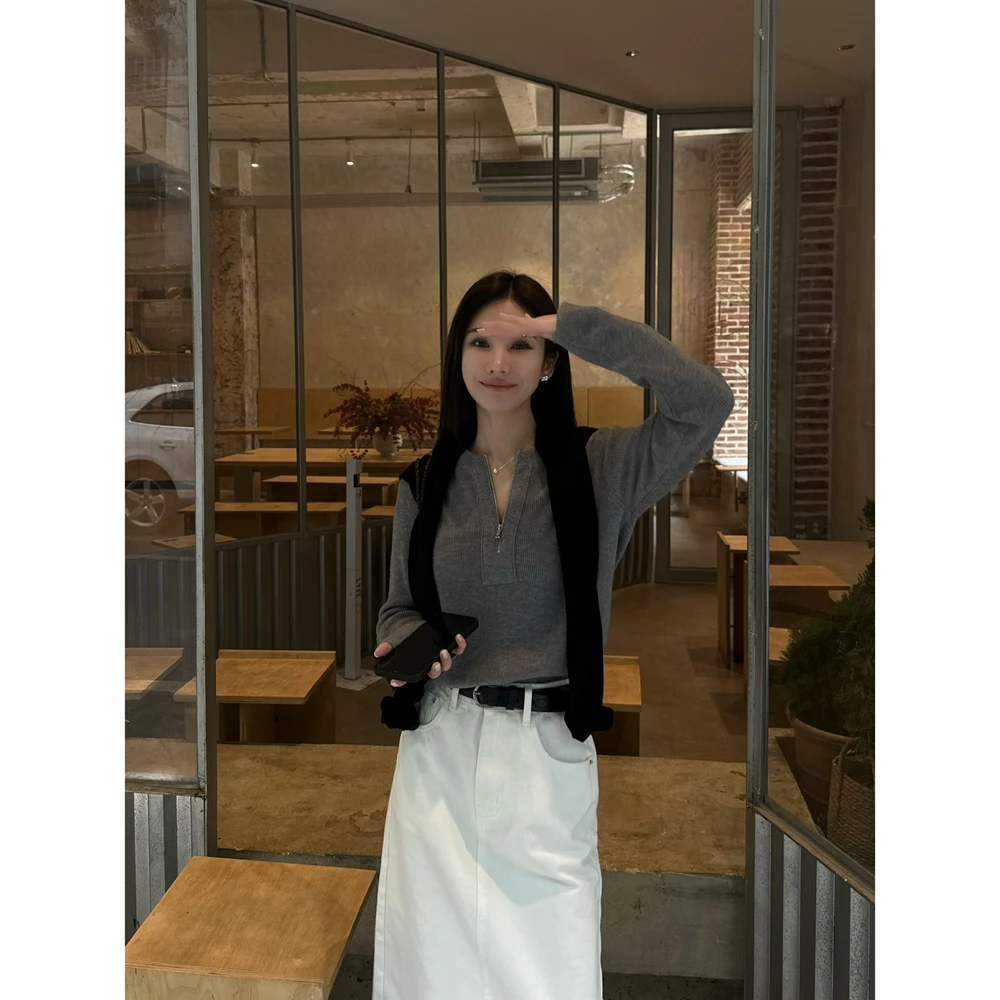 【瑞拉笔记】“Y毛衫”简约设计半拉链细坑条纹圆领Y毛毛衣01062