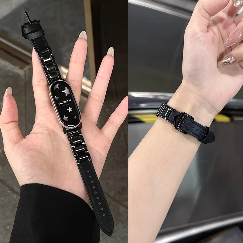 适用小米手环10表带黑陶瓷9手表链条新品8/7/6/5/4/3男女皮质腕带