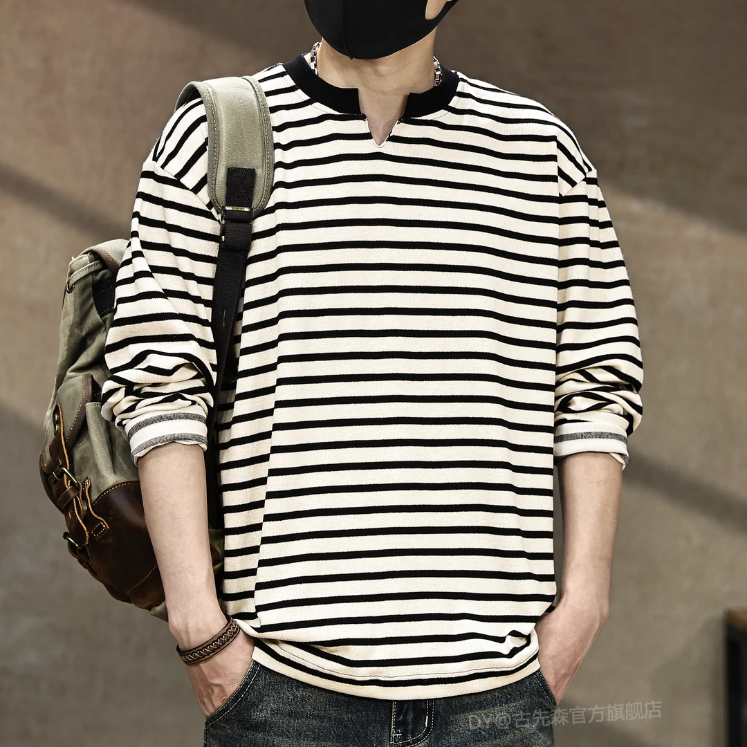 美式高端280g重磅V领设计条纹长袖T恤男秋季新款宽松复古体恤衫潮