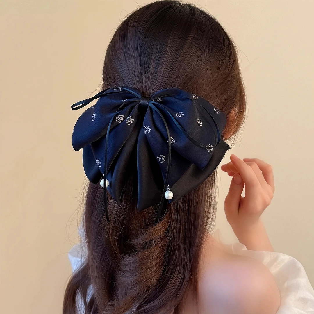轻奢丝带珍珠缎面蝴蝶结马尾夹经典百搭玫瑰印花发饰法式时尚发夹