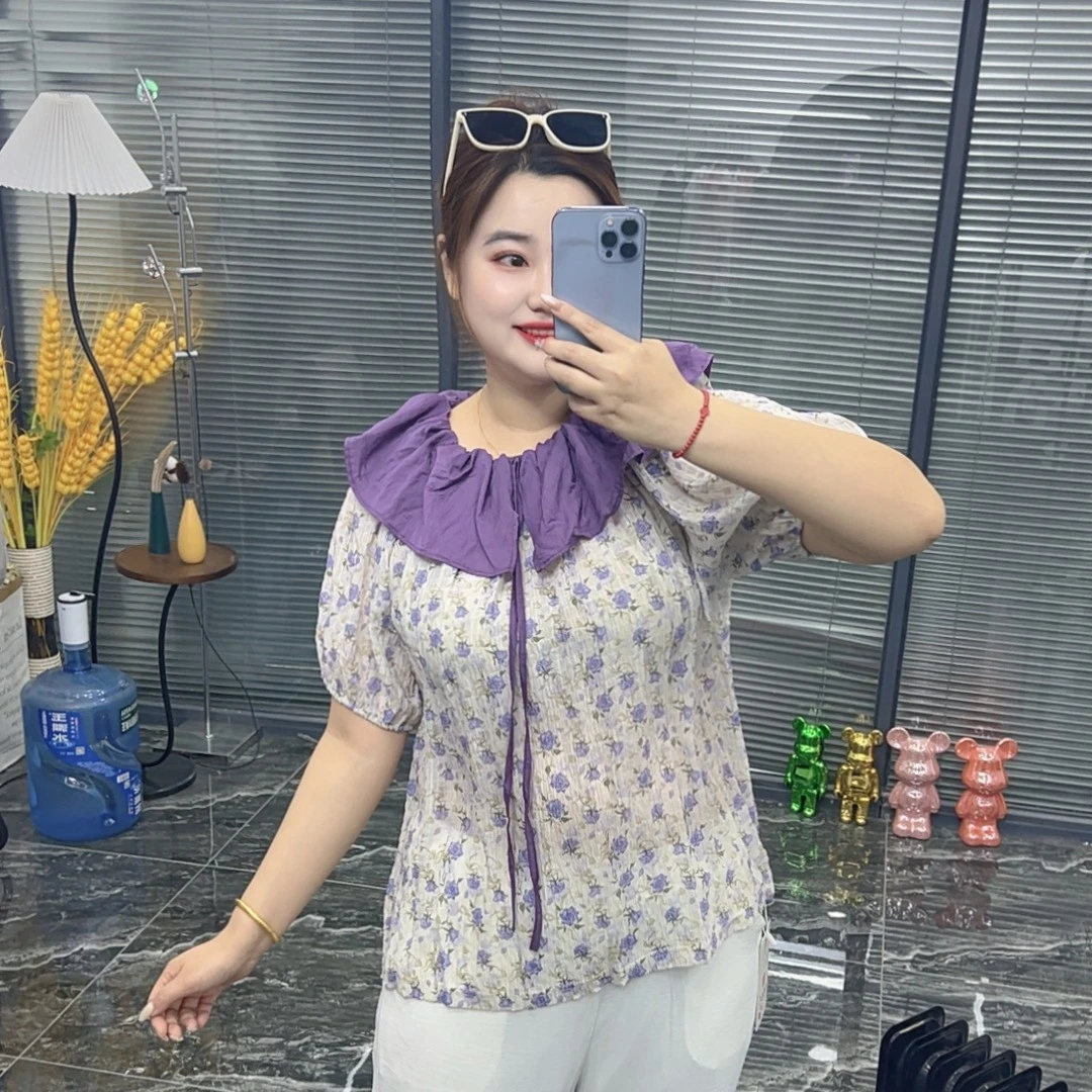 大码娃娃领绑带夏季新款荷叶边碎花短袖雪纺衫女时尚7812休闲宽松