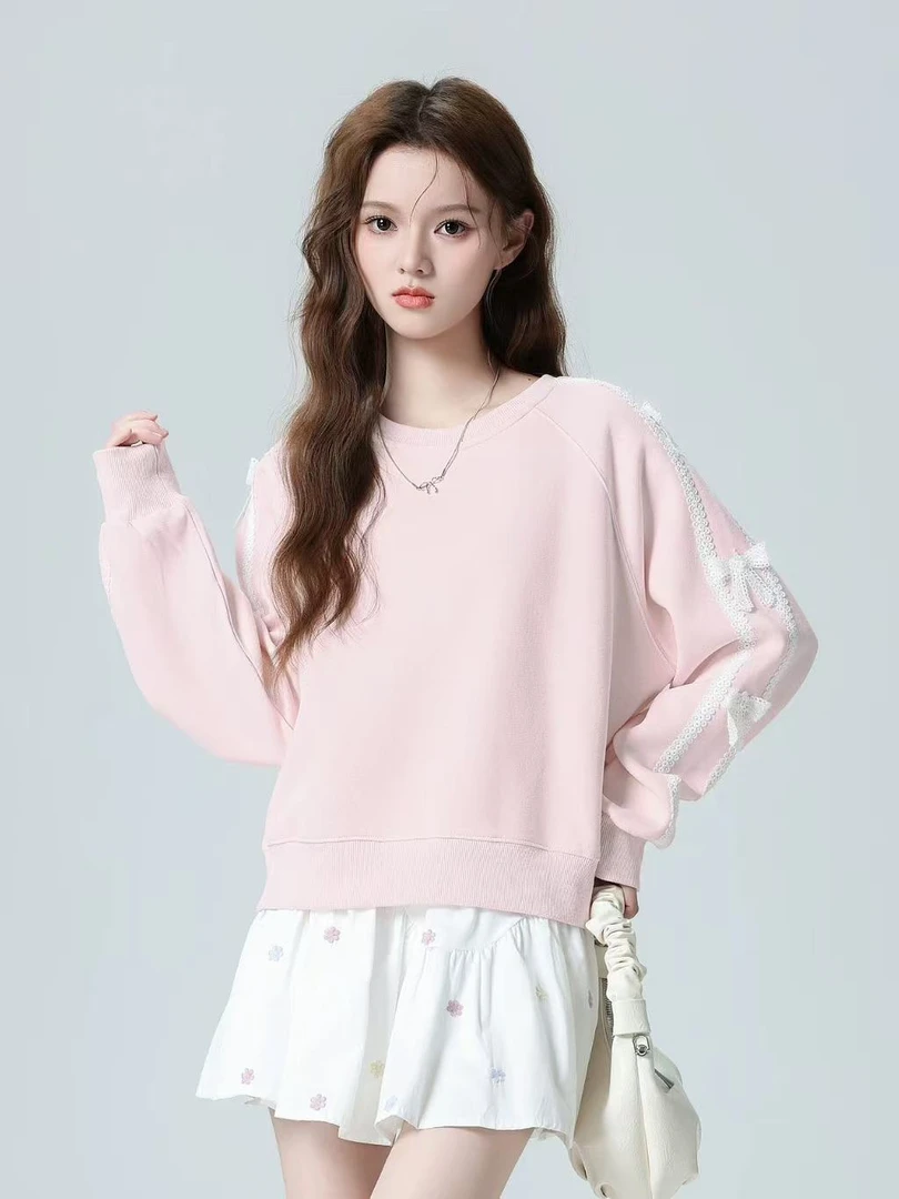 012长袖韩版卫衣拼接蕾丝套头百搭女童圆领蝴蝶结休闲短款上衣