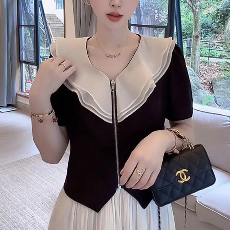 荷叶边黑色衬衫女士夏季新款修身显瘦设计感拉链休闲短袖衬衣上衣