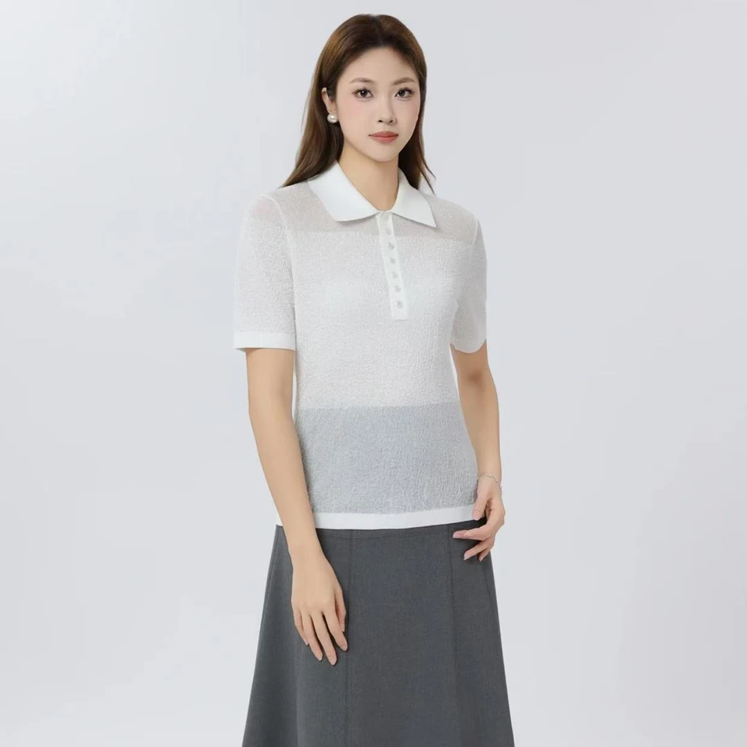 AMASS/阿玛施春夏新款百搭优雅质感白色短袖polo衫上衣538007