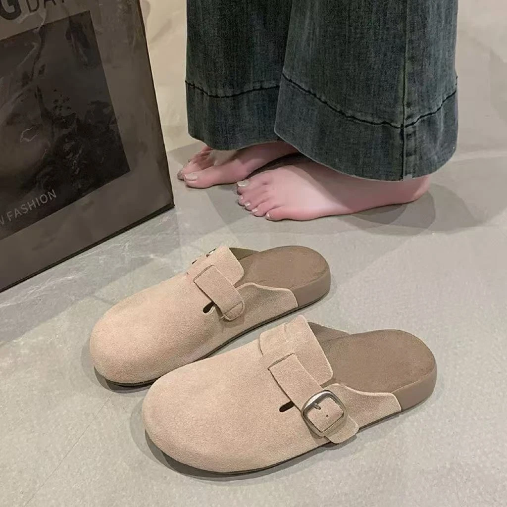 C5855 杏色  平底包头拖鞋女2025新款时尚勃肯凉拖