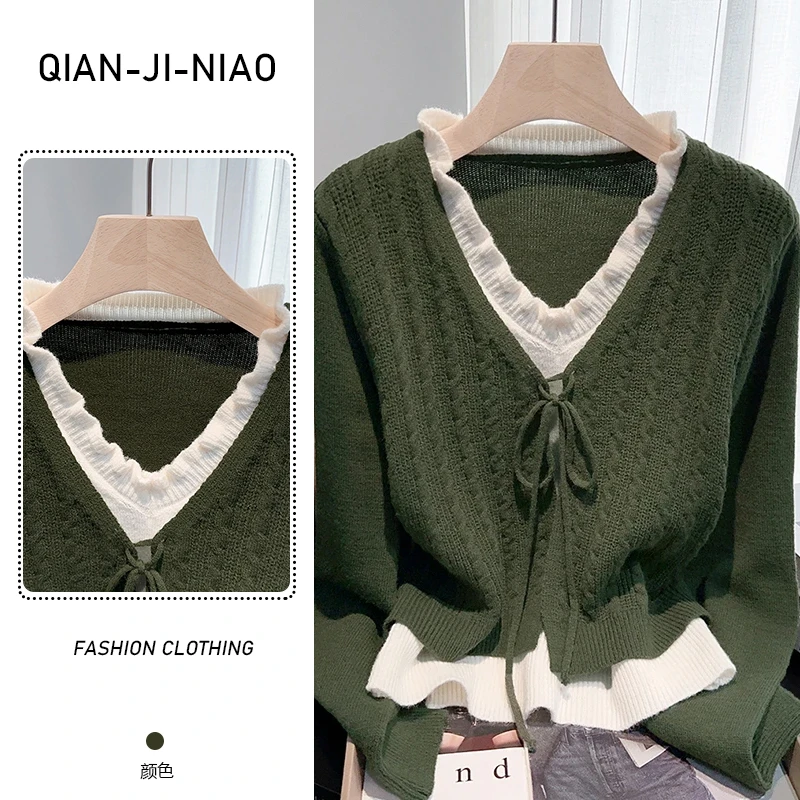 森系减龄温柔时尚V领慵懒风长袖针织衫秋季宽松型常规款百搭毛衣