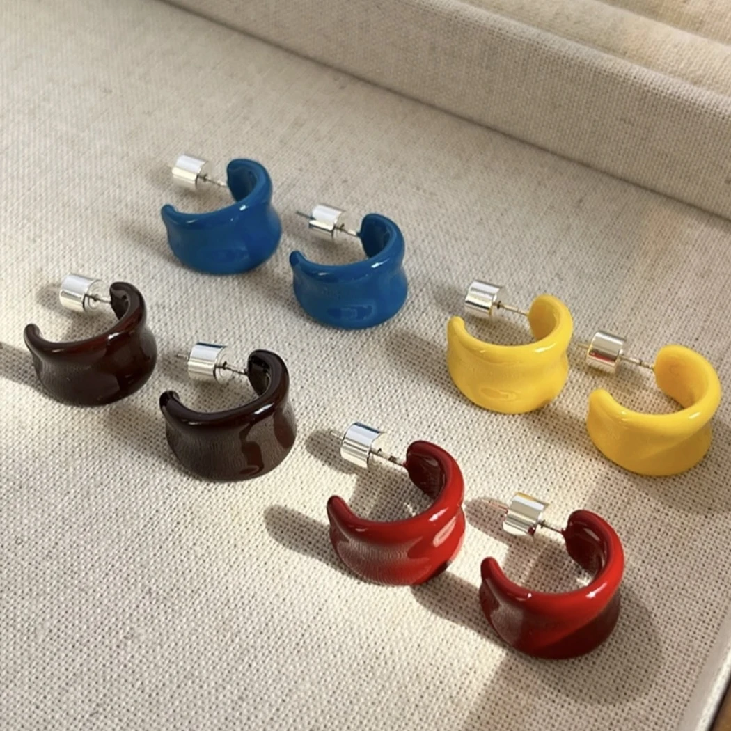 925银珐琅耳饰 简约百搭彩色多巴胺C形耳圈春夏滴釉清新气质耳饰