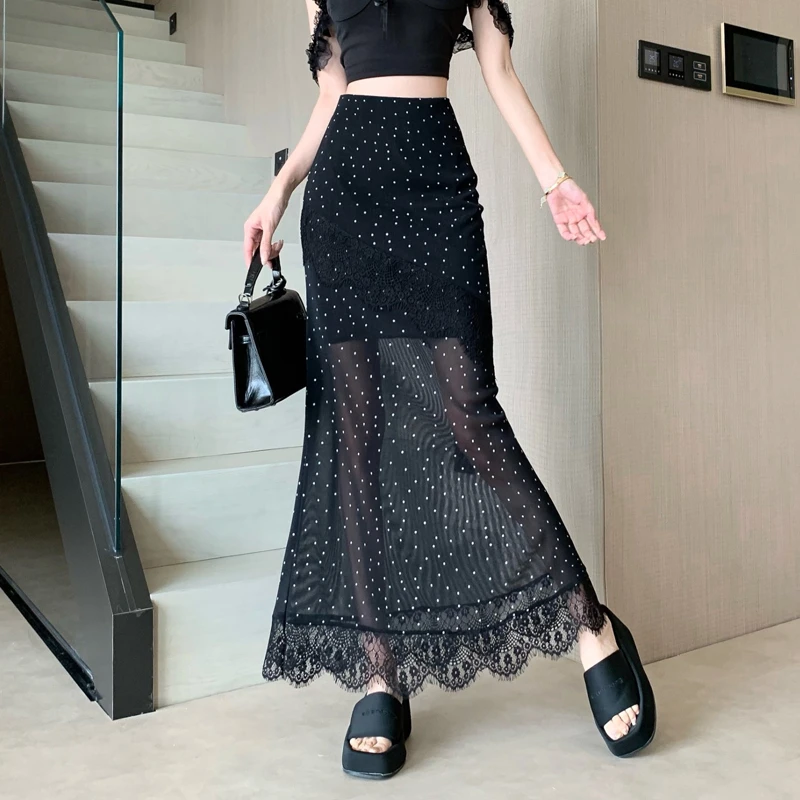 法式蕾丝拼接斑点半身裙女2025夏季新款高腰显瘦垂感休闲包臀长裙