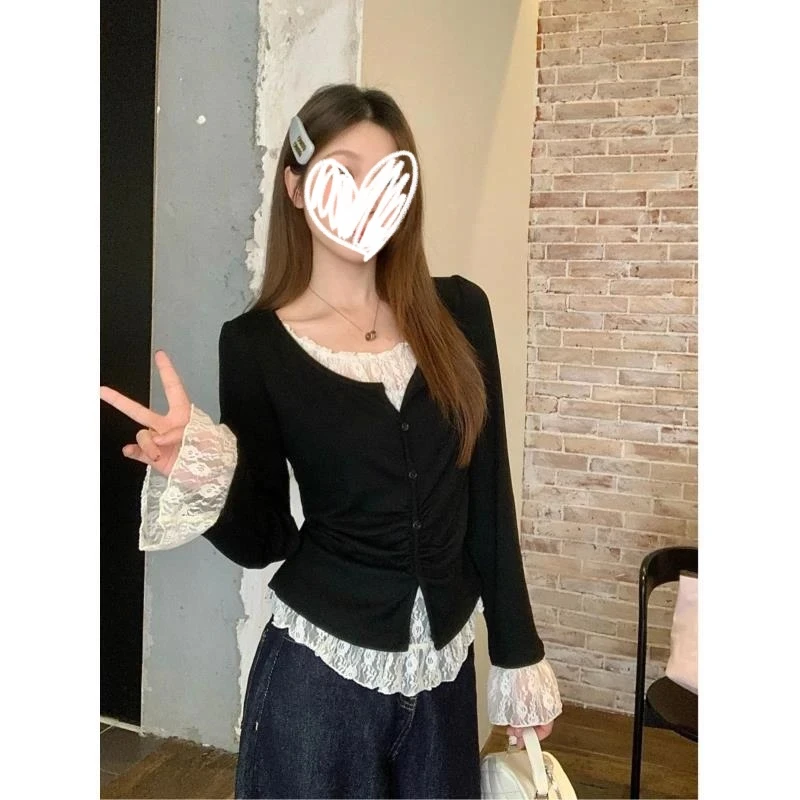 梦优莱美式复古蕾丝假两件长袖T恤女秋季掐腰显瘦独特漂亮打底衫