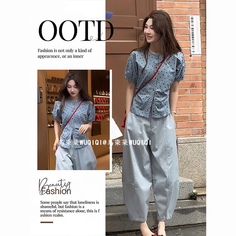 2025超火夏装一整套盐系御姐圆领波点衬衫上衣休闲裤子减龄套装女