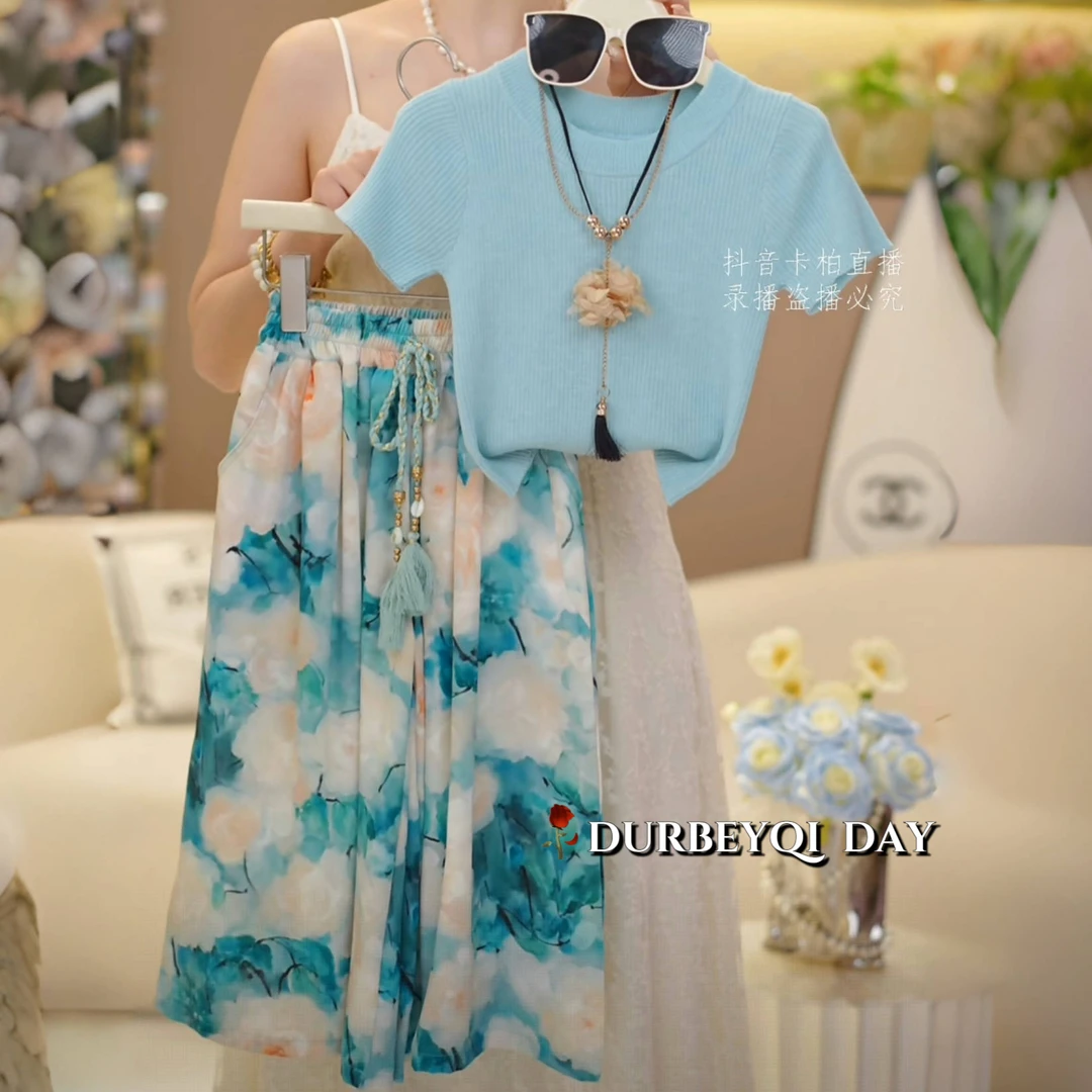 女童装2025洋气时髦圆领短袖水墨画长裤套装5332